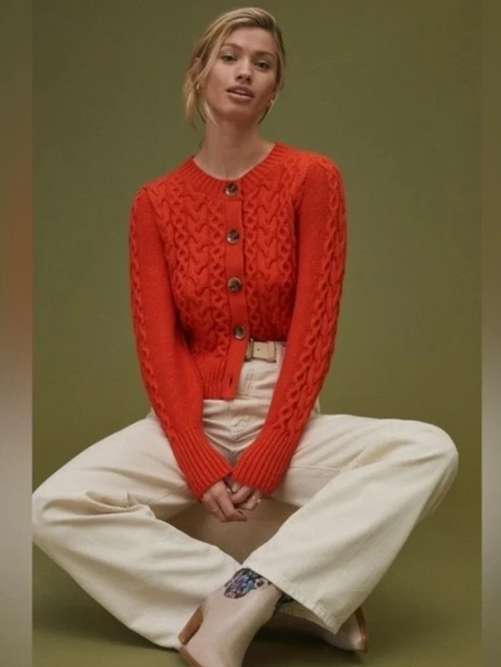 Anthropologie Maeve Cable-Knit Cardigan Sweater Orange Preppy Button Front